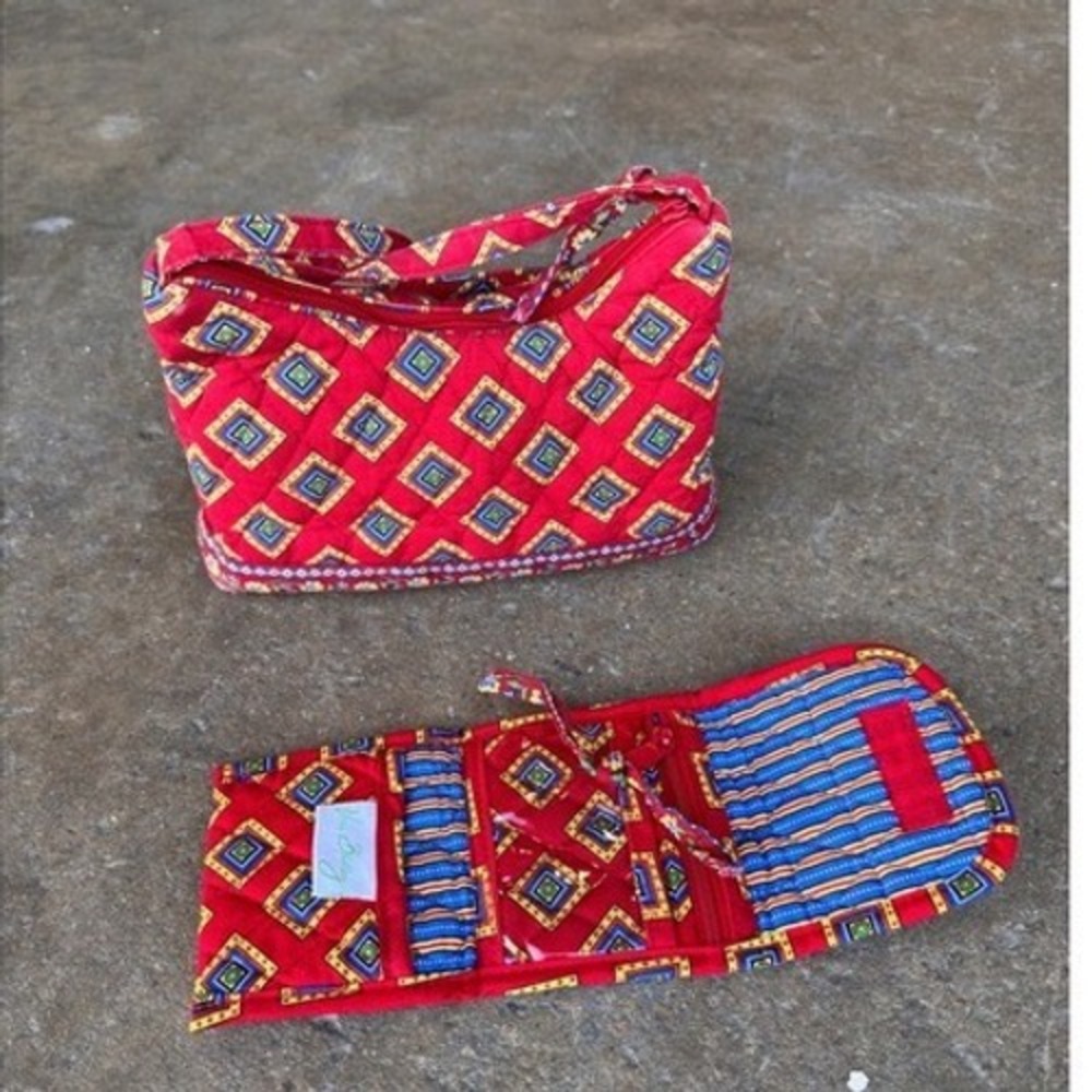 Vera Bradley Retired Molly Red Quilted Geometric Shoulder Bag and Trifold Wallet
